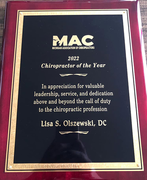 Voted chiropractor of the year by the Michigan Association of Chiropractors